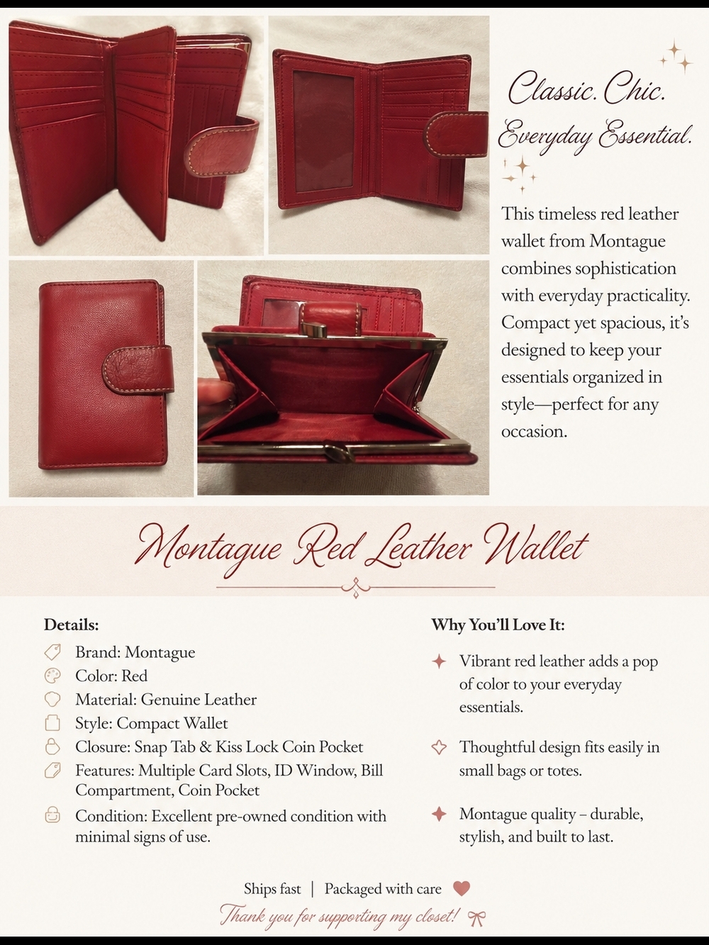 Red Leather Wallet - Classic Compact Women's Wallet
